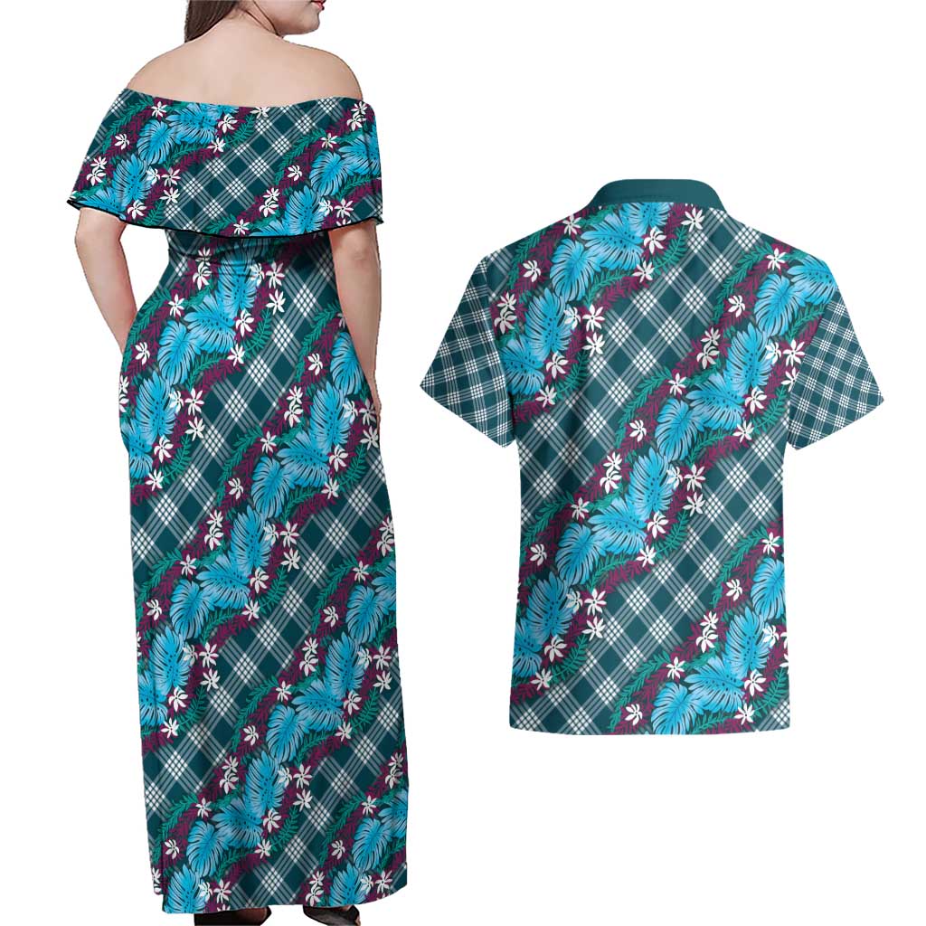 Polynesian Monstera Tiare Floral Couples Matching Off Shoulder Maxi Dress and Hawaiian Shirt Dark Teal Tropical Plaid LT01 - Polynesian Pride