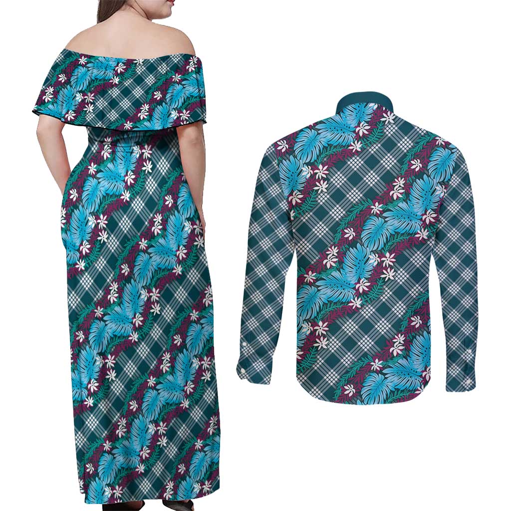 Polynesian Monstera Tiare Floral Couples Matching Off Shoulder Maxi Dress and Long Sleeve Button Shirt Dark Teal Tropical Plaid LT01 - Polynesian Pride