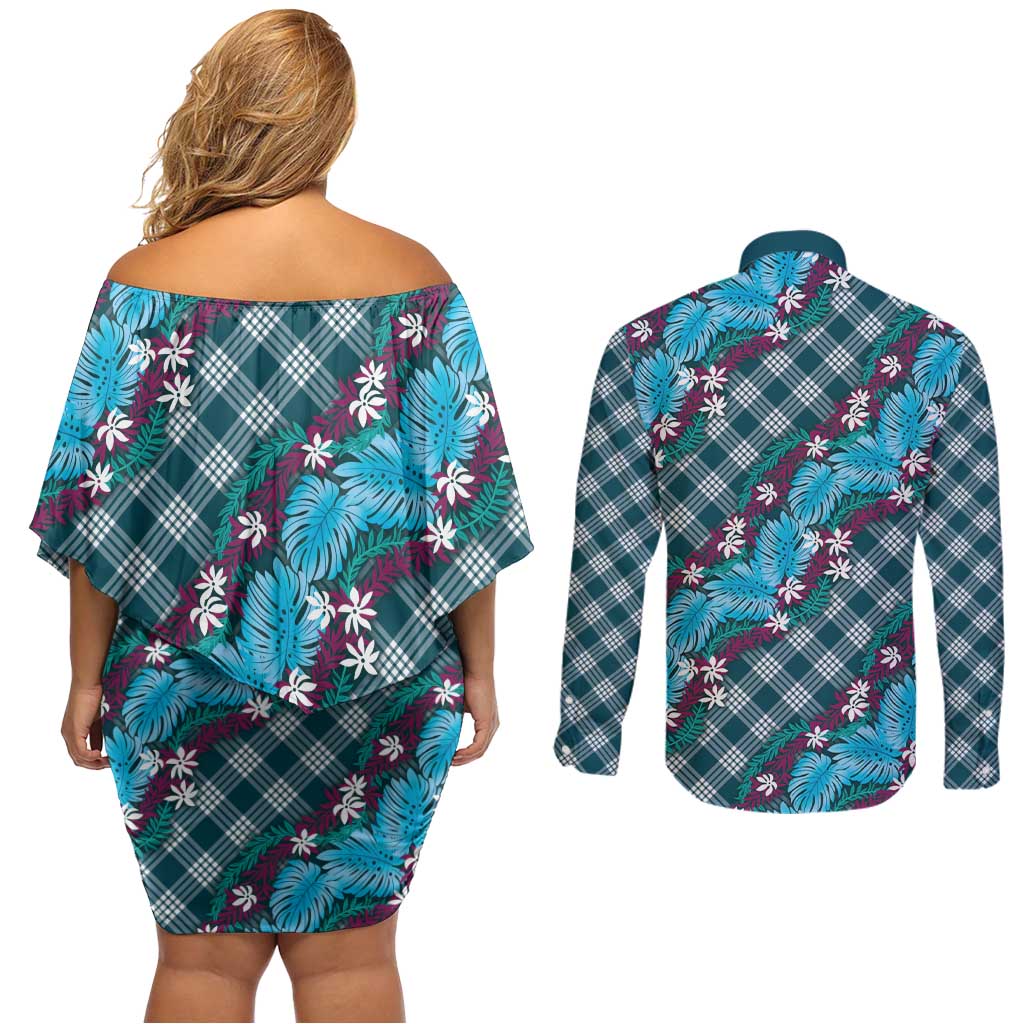 Polynesian Monstera Tiare Floral Couples Matching Off Shoulder Short Dress and Long Sleeve Button Shirt Dark Teal Tropical Plaid LT01 - Polynesian Pride