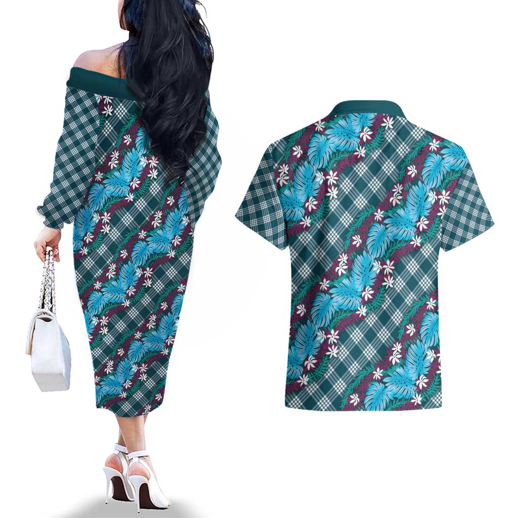 Polynesian Monstera Tiare Floral Couples Matching Off The Shoulder Long Sleeve Dress and Hawaiian Shirt Dark Teal Tropical Plaid LT01 - Polynesian Pride