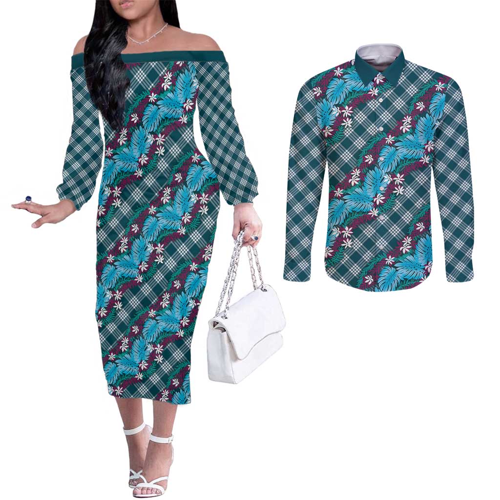 Polynesian Monstera Tiare Floral Couples Matching Off The Shoulder Long Sleeve Dress and Long Sleeve Button Shirt Dark Teal Tropical Plaid LT01 Teal - Polynesian Pride
