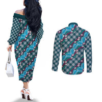 Polynesian Monstera Tiare Floral Couples Matching Off The Shoulder Long Sleeve Dress and Long Sleeve Button Shirt Dark Teal Tropical Plaid LT01 - Polynesian Pride