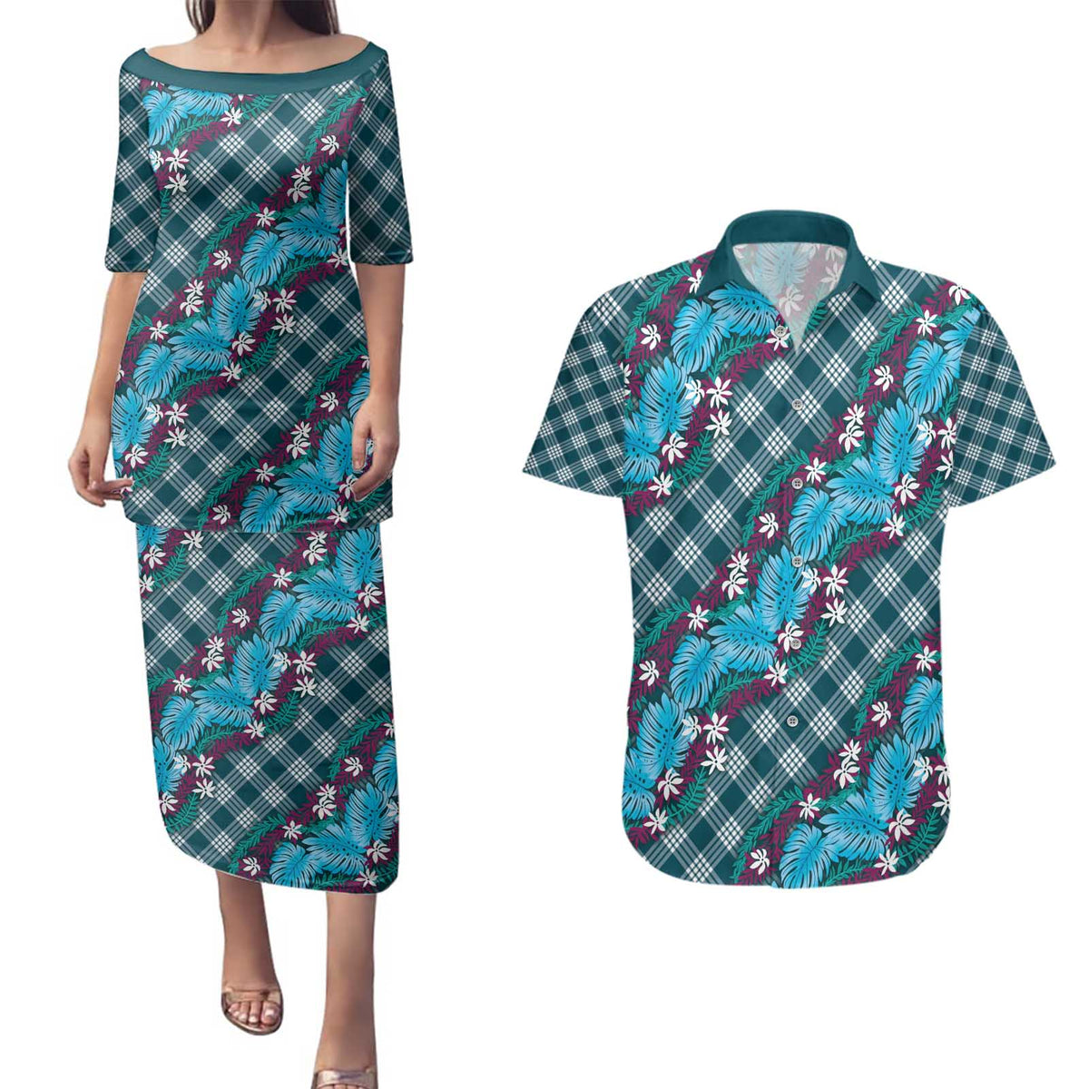 Polynesian Monstera Tiare Floral Couples Matching Puletasi and Hawaiian Shirt Dark Teal Tropical Plaid LT01 Teal - Polynesian Pride