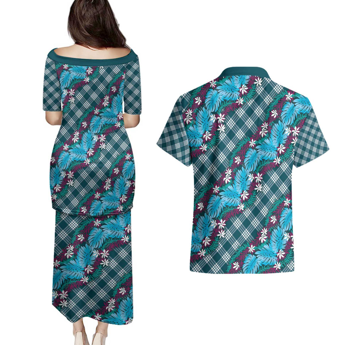 Polynesian Monstera Tiare Floral Couples Matching Puletasi and Hawaiian Shirt Dark Teal Tropical Plaid LT01 - Polynesian Pride
