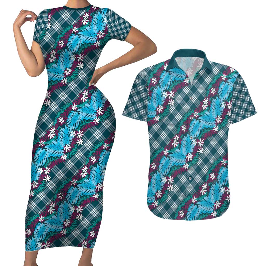 Polynesian Monstera Tiare Floral Couples Matching Short Sleeve Bodycon Dress and Hawaiian Shirt Dark Teal Tropical Plaid LT01 Teal - Polynesian Pride