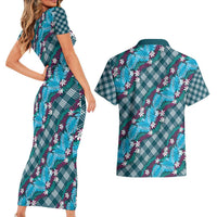 Polynesian Monstera Tiare Floral Couples Matching Short Sleeve Bodycon Dress and Hawaiian Shirt Dark Teal Tropical Plaid LT01 - Polynesian Pride