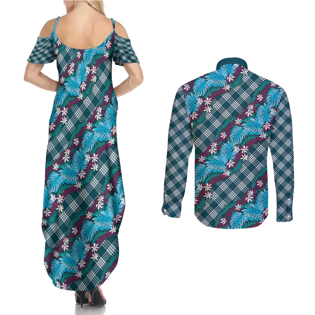 Polynesian Monstera Tiare Floral Couples Matching Summer Maxi Dress and Long Sleeve Button Shirt Dark Teal Tropical Plaid LT01 - Polynesian Pride