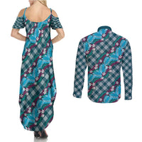 Polynesian Monstera Tiare Floral Couples Matching Summer Maxi Dress and Long Sleeve Button Shirt Dark Teal Tropical Plaid LT01 - Polynesian Pride