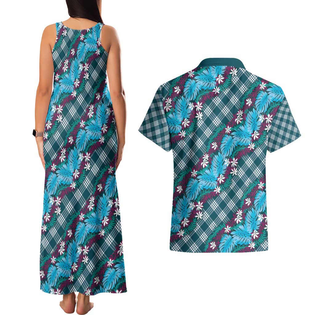 Polynesian Monstera Tiare Floral Couples Matching Tank Maxi Dress and Hawaiian Shirt Dark Teal Tropical Plaid LT01 - Polynesian Pride