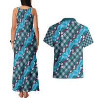 Polynesian Monstera Tiare Floral Couples Matching Tank Maxi Dress and Hawaiian Shirt Dark Teal Tropical Plaid LT01 - Polynesian Pride