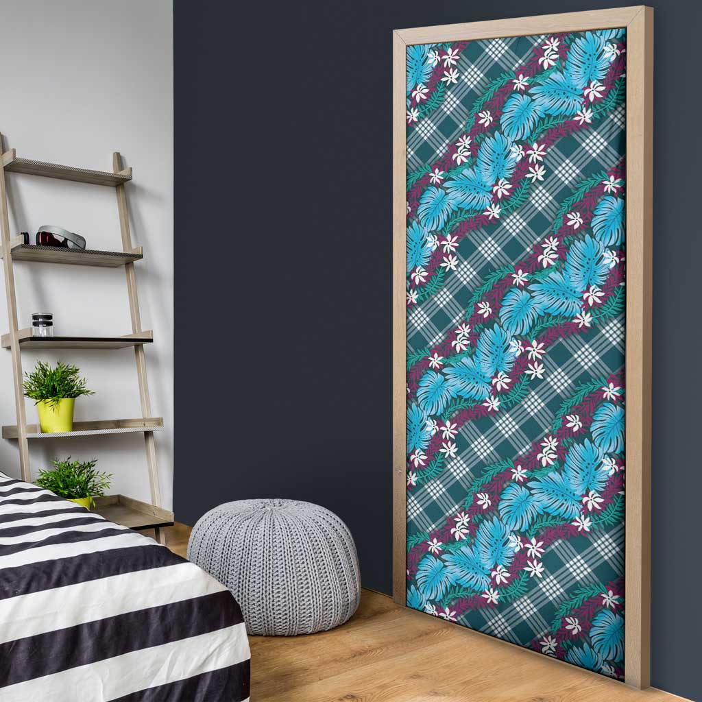 Polynesian Monstera Tiare Floral Door Cover Dark Teal Tropical Plaid LT01 - Polynesian Pride