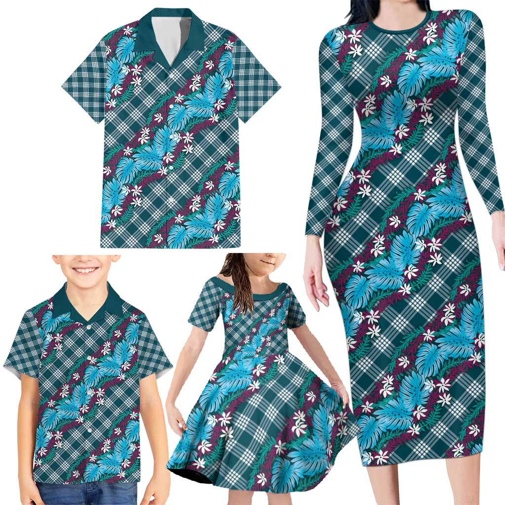 Polynesian Monstera Tiare Floral Family Matching Long Sleeve Bodycon Dress and Hawaiian Shirt Dark Teal Tropical Plaid LT01 - Polynesian Pride