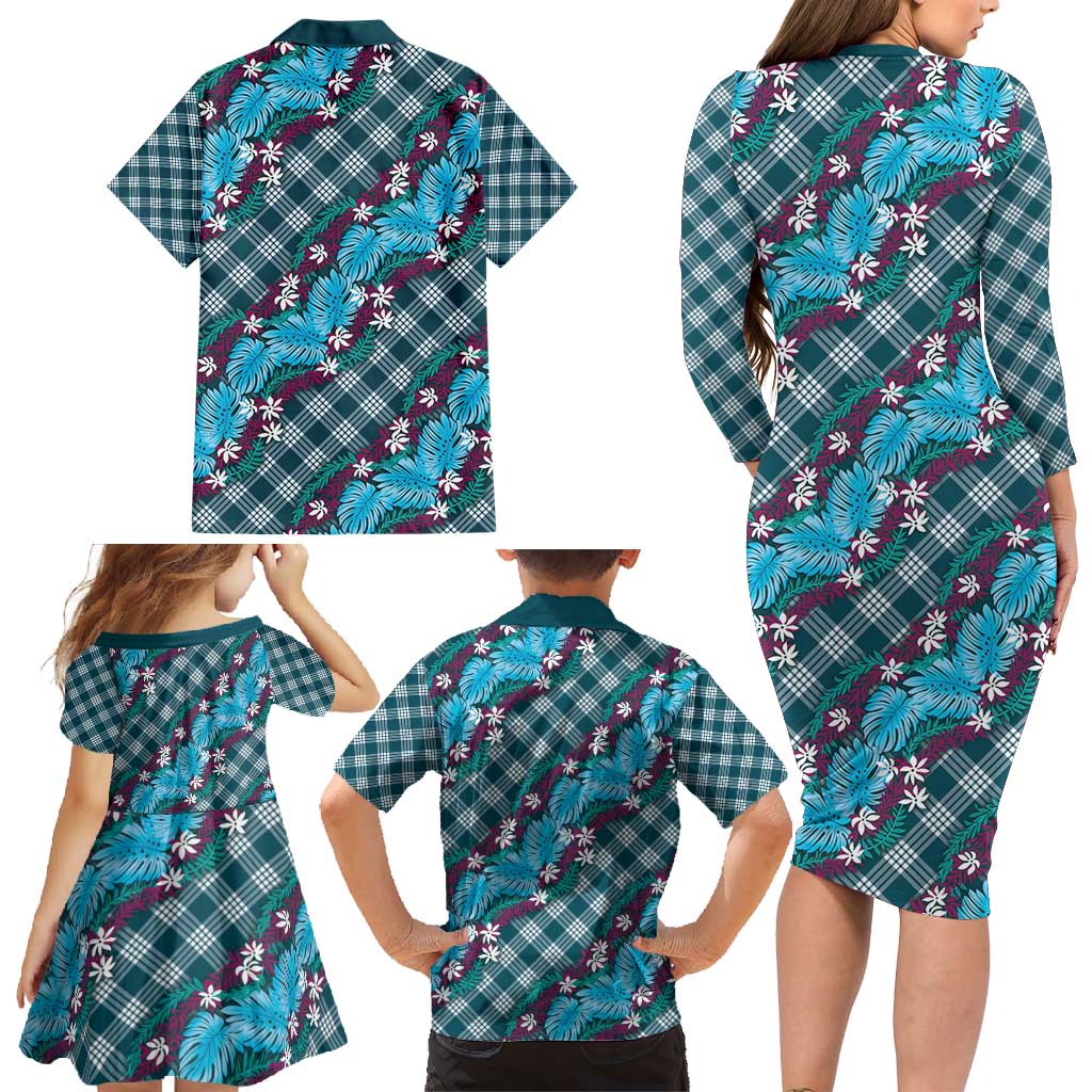 Polynesian Monstera Tiare Floral Family Matching Long Sleeve Bodycon Dress and Hawaiian Shirt Dark Teal Tropical Plaid LT01 - Polynesian Pride