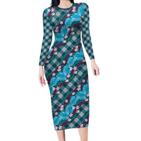Polynesian Monstera Tiare Floral Family Matching Long Sleeve Bodycon Dress and Hawaiian Shirt Dark Teal Tropical Plaid LT01 Mom's Dress Teal - Polynesian Pride