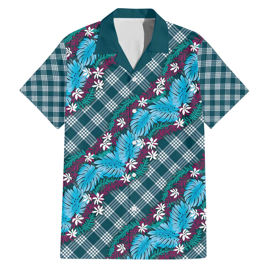 Polynesian Monstera Tiare Floral Family Matching Mermaid Dress and Hawaiian Shirt Dark Teal Tropical Plaid LT01 Dad's Shirt - Short Sleeve Teal - Polynesian Pride