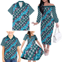 Polynesian Monstera Tiare Floral Family Matching Off The Shoulder Long Sleeve Dress and Hawaiian Shirt Dark Teal Tropical Plaid LT01 - Polynesian Pride