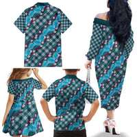 Polynesian Monstera Tiare Floral Family Matching Off The Shoulder Long Sleeve Dress and Hawaiian Shirt Dark Teal Tropical Plaid LT01 - Polynesian Pride