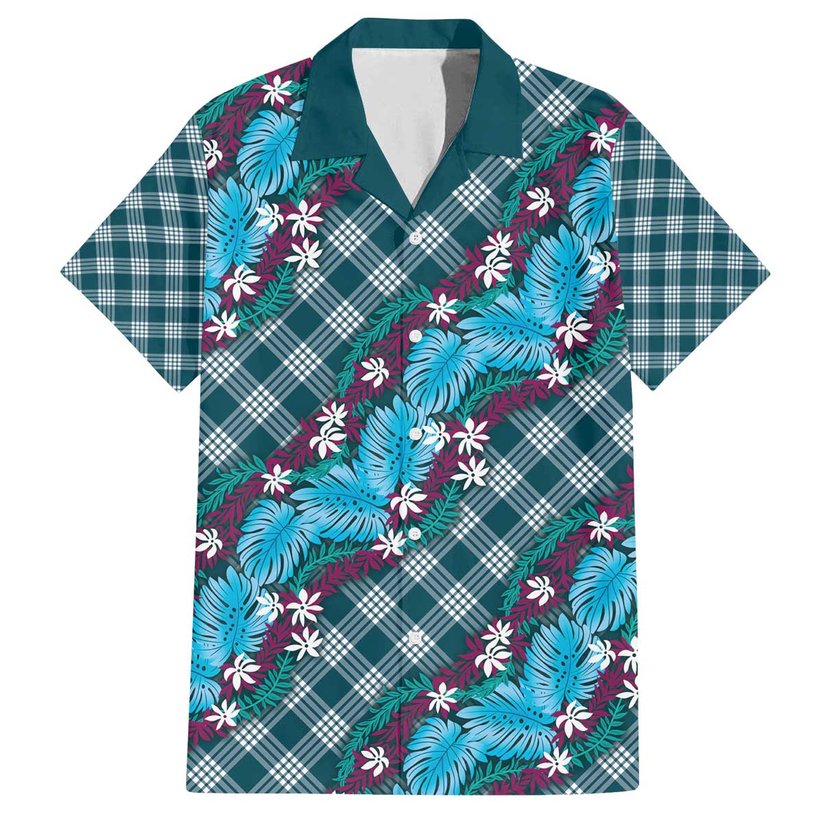 Polynesian Monstera Tiare Floral Family Matching Off The Shoulder Long Sleeve Dress and Hawaiian Shirt Dark Teal Tropical Plaid LT01 Dad's Shirt - Short Sleeve Teal - Polynesian Pride