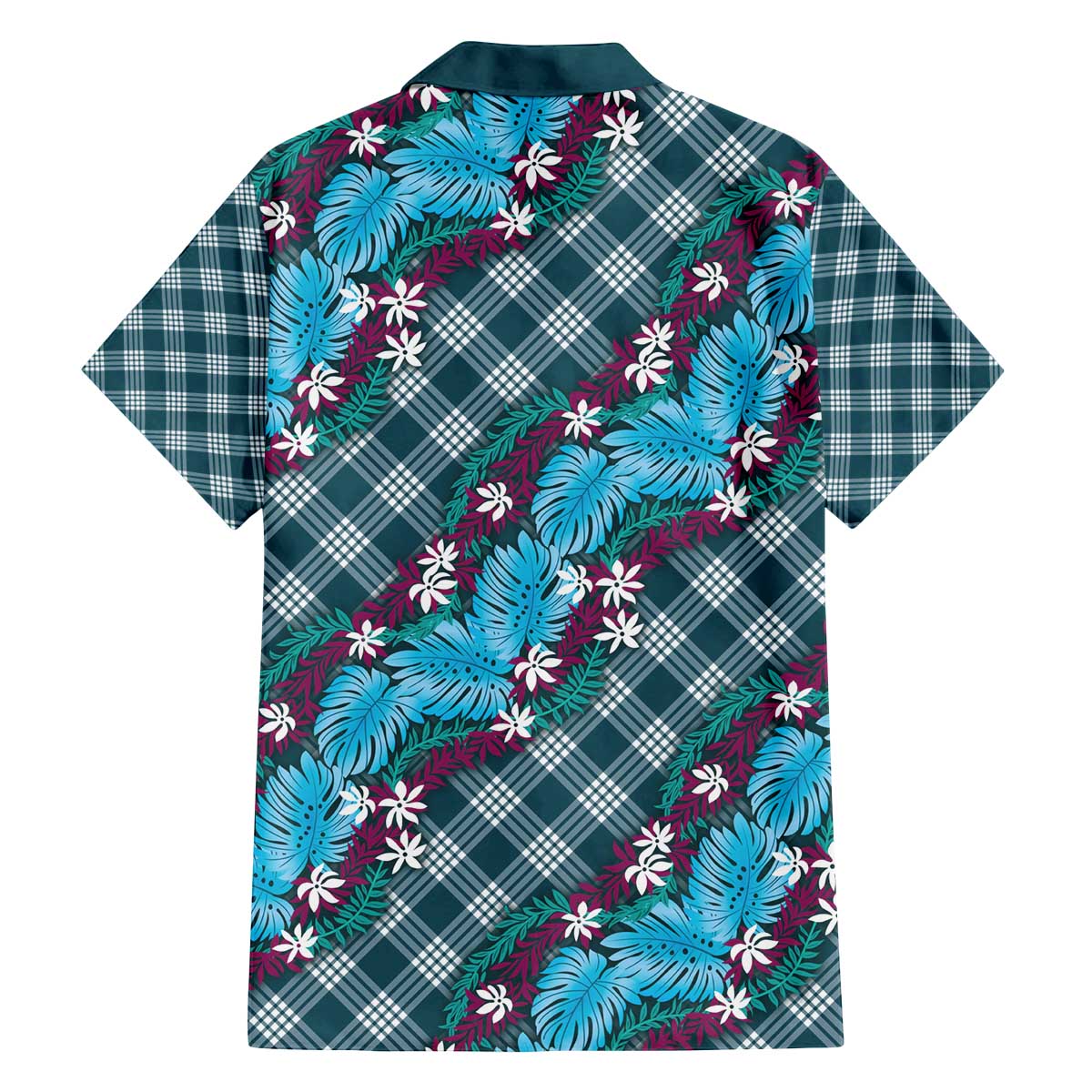 Polynesian Monstera Tiare Floral Family Matching Off The Shoulder Long Sleeve Dress and Hawaiian Shirt Dark Teal Tropical Plaid LT01 - Polynesian Pride