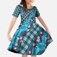 Polynesian Monstera Tiare Floral Family Matching Off Shoulder Maxi Dress and Hawaiian Shirt Dark Teal Tropical Plaid LT01 Daughter's Dress Teal - Polynesian Pride