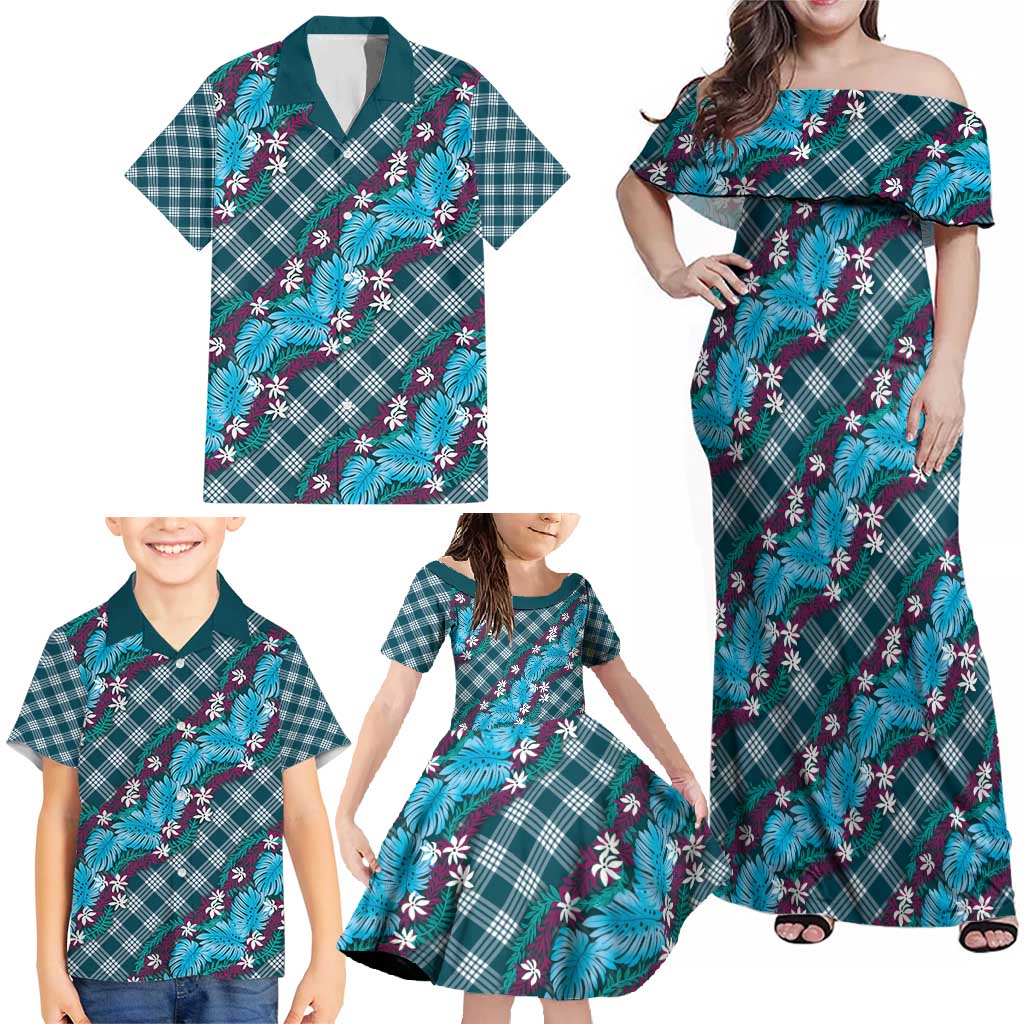Polynesian Monstera Tiare Floral Family Matching Off Shoulder Maxi Dress and Hawaiian Shirt Dark Teal Tropical Plaid LT01 - Polynesian Pride