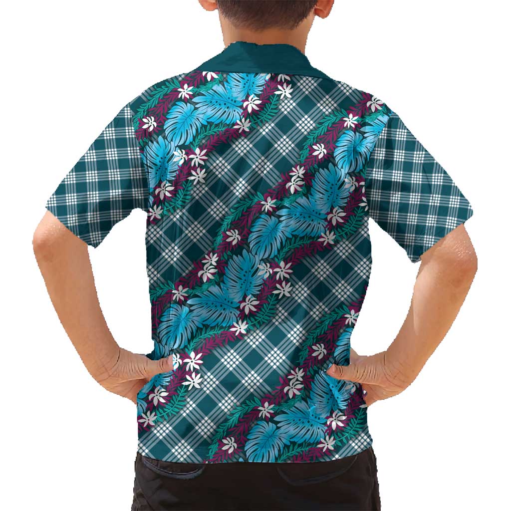 Polynesian Monstera Tiare Floral Family Matching Off Shoulder Short Dress and Hawaiian Shirt Dark Teal Tropical Plaid LT01 - Polynesian Pride
