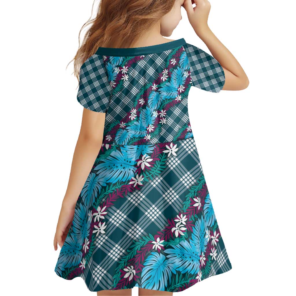 Polynesian Monstera Tiare Floral Family Matching Off Shoulder Short Dress and Hawaiian Shirt Dark Teal Tropical Plaid LT01 - Polynesian Pride