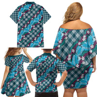 Polynesian Monstera Tiare Floral Family Matching Off Shoulder Short Dress and Hawaiian Shirt Dark Teal Tropical Plaid LT01 - Polynesian Pride