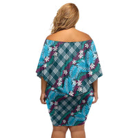 Polynesian Monstera Tiare Floral Family Matching Off Shoulder Short Dress and Hawaiian Shirt Dark Teal Tropical Plaid LT01 - Polynesian Pride