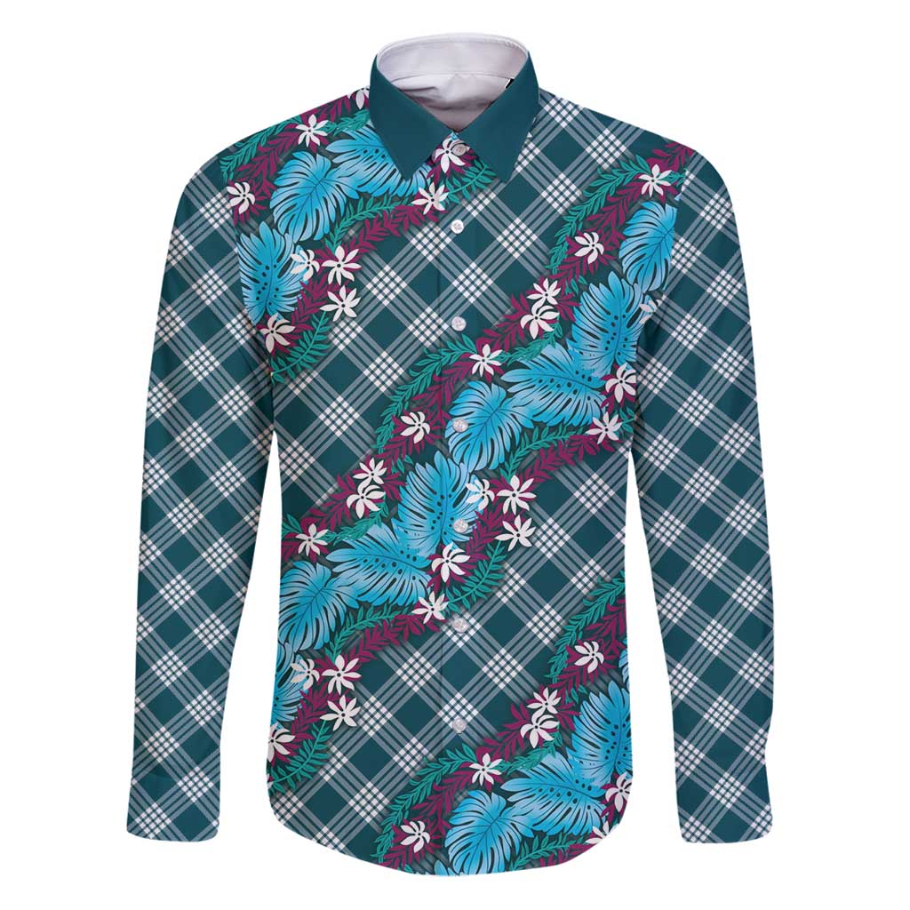 Polynesian Monstera Tiare Floral Family Matching Puletasi and Hawaiian Shirt Dark Teal Tropical Plaid LT01 Dad's Shirt - Long Sleeve Teal - Polynesian Pride