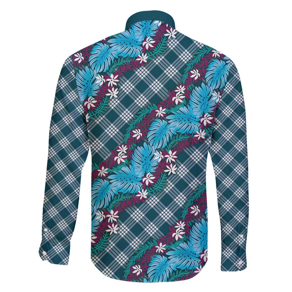 Polynesian Monstera Tiare Floral Family Matching Puletasi and Hawaiian Shirt Dark Teal Tropical Plaid LT01 - Polynesian Pride