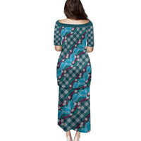 Polynesian Monstera Tiare Floral Family Matching Puletasi and Hawaiian Shirt Dark Teal Tropical Plaid LT01 - Polynesian Pride