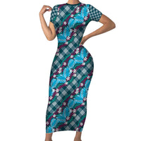 Polynesian Monstera Tiare Floral Family Matching Short Sleeve Bodycon Dress and Hawaiian Shirt Dark Teal Tropical Plaid LT01 Mom's Dress Teal - Polynesian Pride