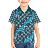 Polynesian Monstera Tiare Floral Family Matching Short Sleeve Bodycon Dress and Hawaiian Shirt Dark Teal Tropical Plaid LT01 Son's Shirt Teal - Polynesian Pride