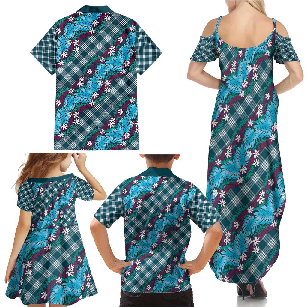 Polynesian Monstera Tiare Floral Family Matching Summer Maxi Dress and Hawaiian Shirt Dark Teal Tropical Plaid LT01 - Polynesian Pride