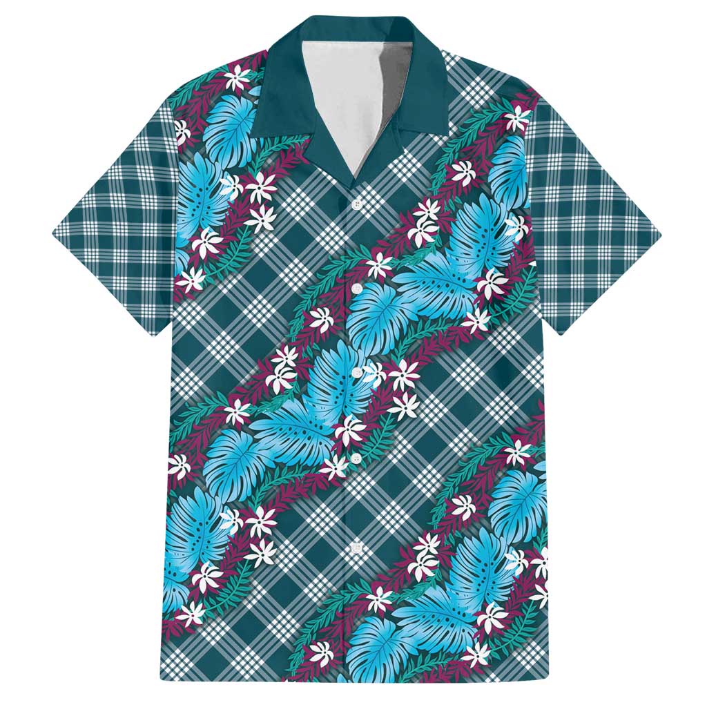 Polynesian Monstera Tiare Floral Family Matching Summer Maxi Dress and Hawaiian Shirt Dark Teal Tropical Plaid LT01 Dad's Shirt - Short Sleeve Teal - Polynesian Pride