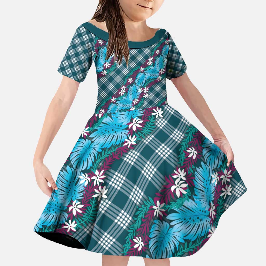 Polynesian Monstera Tiare Floral Family Matching Tank Maxi Dress and Hawaiian Shirt Dark Teal Tropical Plaid LT01 Daughter's Dress Teal - Polynesian Pride