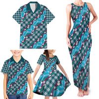 Polynesian Monstera Tiare Floral Family Matching Tank Maxi Dress and Hawaiian Shirt Dark Teal Tropical Plaid LT01 - Polynesian Pride