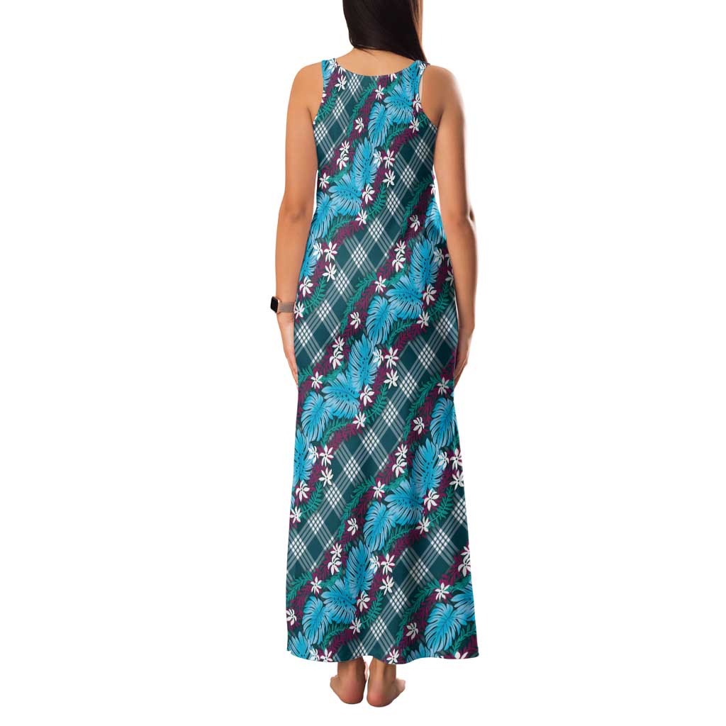 Polynesian Monstera Tiare Floral Family Matching Tank Maxi Dress and Hawaiian Shirt Dark Teal Tropical Plaid LT01 - Polynesian Pride