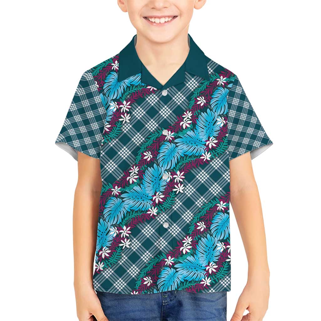 Polynesian Monstera Tiare Floral Family Matching Tank Maxi Dress and Hawaiian Shirt Dark Teal Tropical Plaid LT01 Son's Shirt Teal - Polynesian Pride