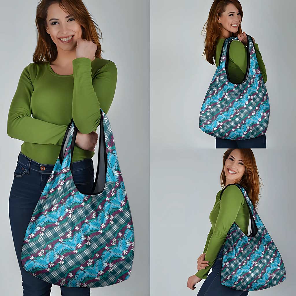 Polynesian Monstera Tiare Floral Grocery Bag Dark Teal Tropical Plaid - Polynesian Pride