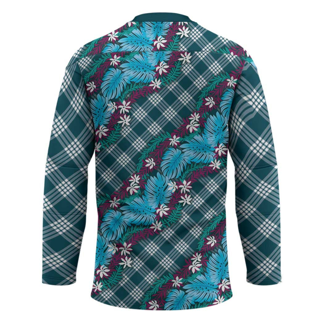 Polynesian Monstera Tiare Floral Hockey Jersey Dark Teal Tropical Plaid - Polynesian Pride