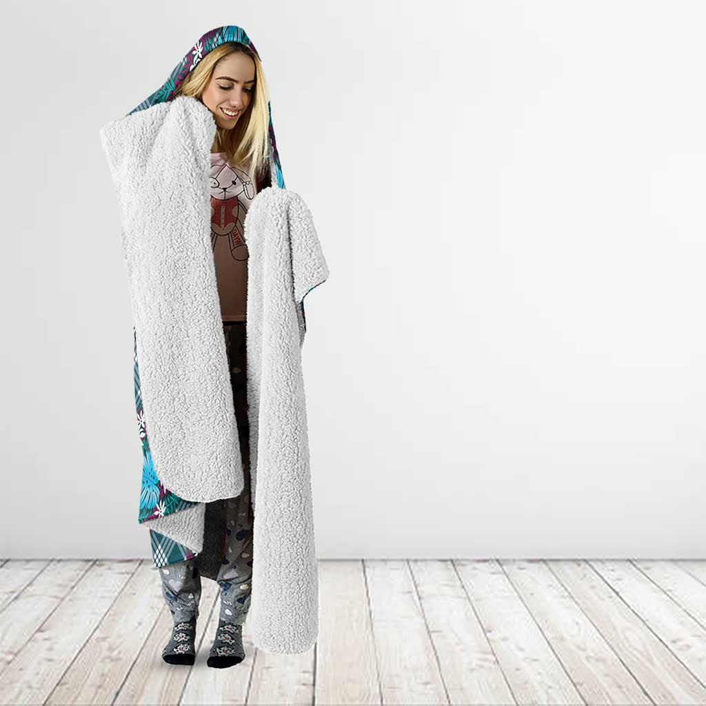 Polynesian Monstera Tiare Floral Hooded Blanket Dark Teal Tropical Plaid - Polynesian Pride