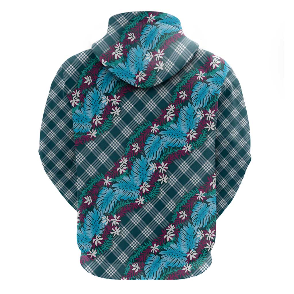 Polynesian Monstera Tiare Floral Hoodie Dark Teal Tropical Plaid LT01 - Polynesian Pride