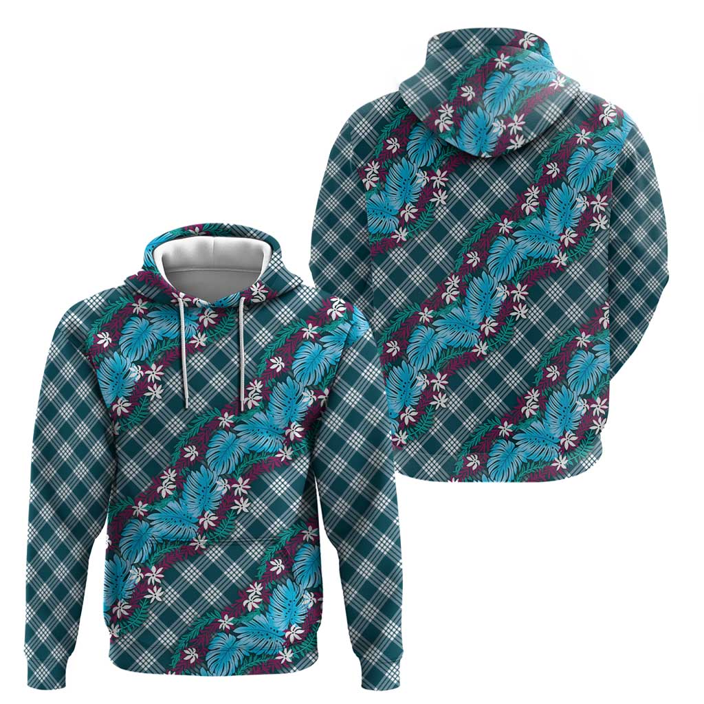Polynesian Monstera Tiare Floral Hoodie Dark Teal Tropical Plaid LT01 - Polynesian Pride