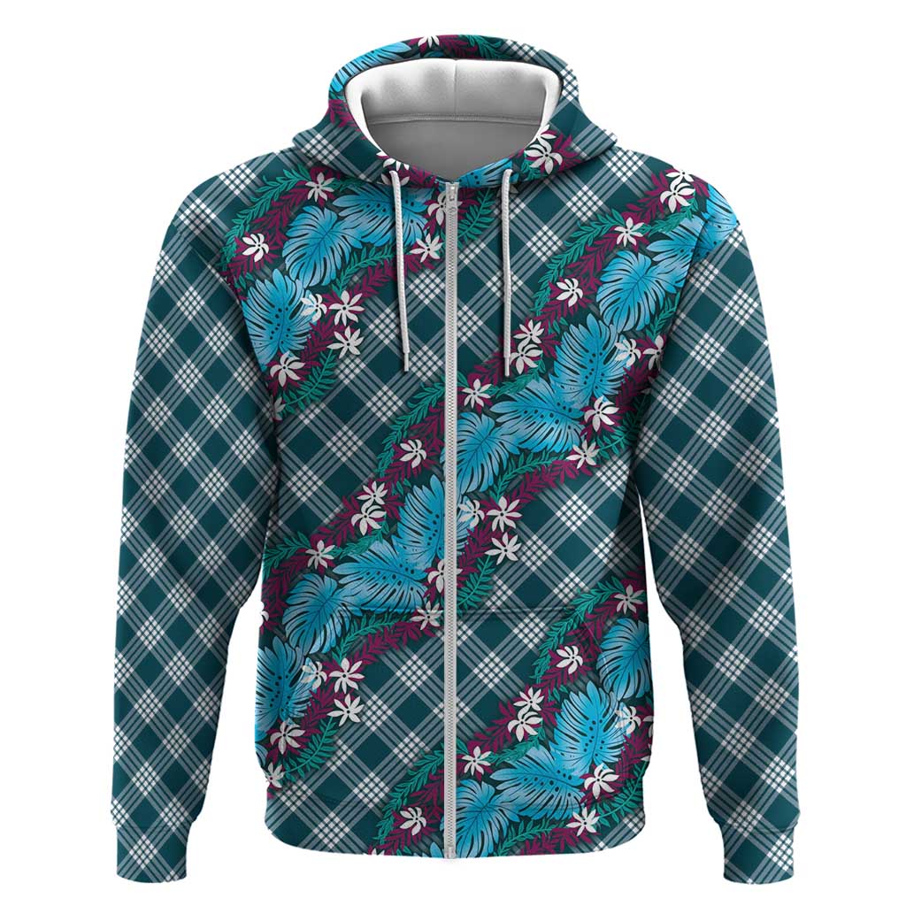 Polynesian Monstera Tiare Floral Hoodie Dark Teal Tropical Plaid LT01 Zip Hoodie Teal - Polynesian Pride