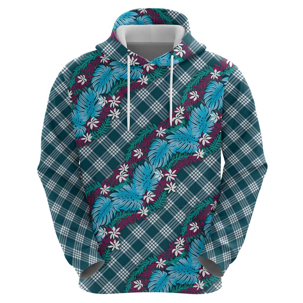 Polynesian Monstera Tiare Floral Hoodie Dark Teal Tropical Plaid LT01 - Polynesian Pride