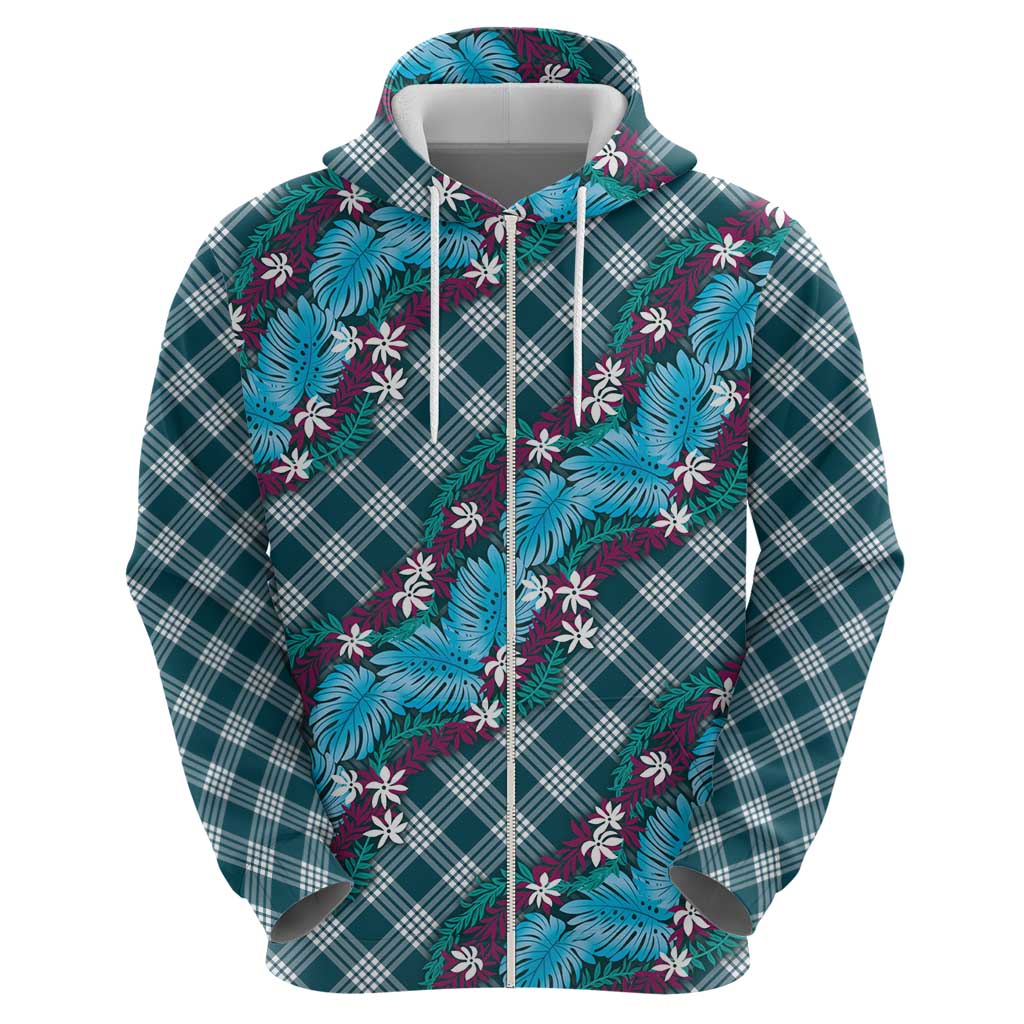 Polynesian Monstera Tiare Floral Hoodie Dark Teal Tropical Plaid LT01 - Polynesian Pride
