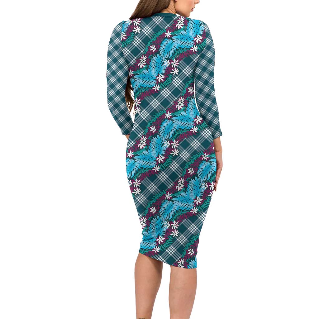 Polynesian Monstera Tiare Floral Long Sleeve Bodycon Dress Dark Teal Tropical Plaid - Polynesian Pride
