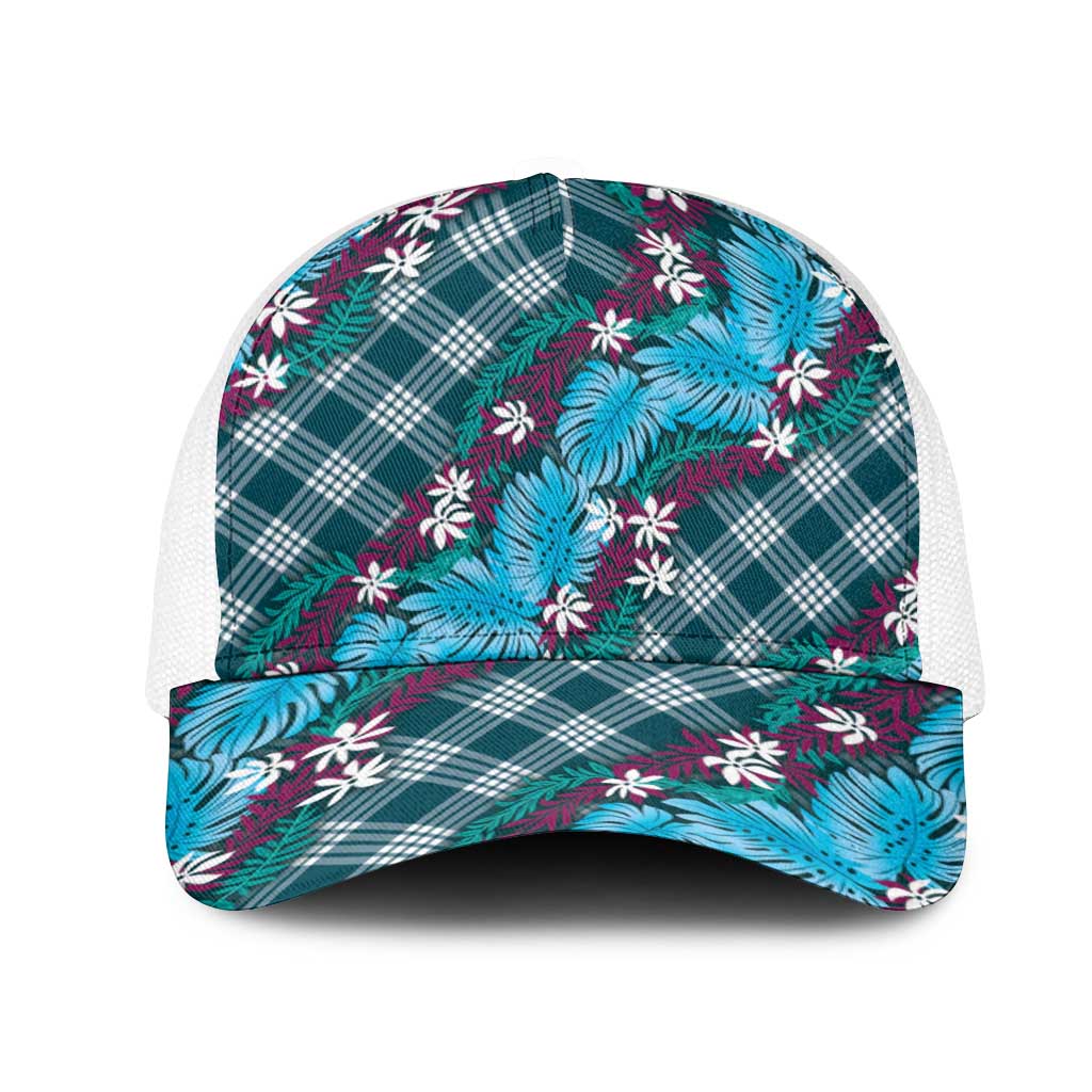 Polynesian Monstera Tiare Floral Mesh Trucker Cap Dark Teal Tropical Plaid - Polynesian Pride